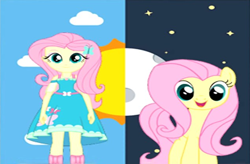 Size: 638x419 | Tagged: safe, editor:incredibubbleirishguy, editor:skymation2415, imported from derpibooru, fluttershy, human, pegasus, pony, equestria girls, day, moon, my little pony equestria girls: better together, night, side by side, sun