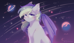 Size: 2889x1697 | Tagged: safe, artist:twinkesss, imported from derpibooru, oc, oc only, oc:wisty starshine, bat pony, pony, bat pony oc, bat wings, blushing, chest fluff, commission, cute, detailed background, ear fluff, female, galaxy, mare, multicolored hair, multicolored mane, planet, purple wings, shooting stars, solo, space, sparkles, sparkly mane, spread wings, two toned eyes, white coat, wings, ych result
