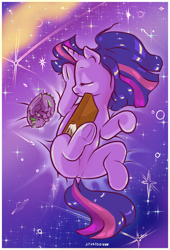 Size: 1504x2218 | Tagged: safe, artist:stratodraw, imported from derpibooru, spike, twilight sparkle, dragon, pony, unicorn, alternate universe, book, cute, dock, duo, frog (hoof), sleeping, spikabetes, tail, twiabetes, underhoof, unicorn twilight, winged spike, wings