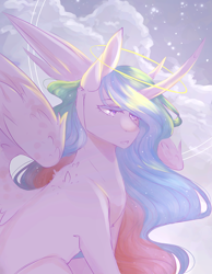 Size: 1180x1524 | Tagged: safe, artist:riressa, imported from derpibooru, princess celestia, alicorn, pony, cloud, colored eyelashes, curved horn, eyebrows, eyebrows visible through hair, female, halo, horn, looking down, mare, missing accessory, shoulder fluff, sitting, sky, sky background, solo