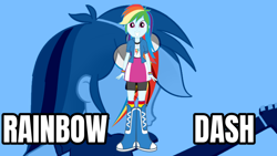 Size: 2560x1440 | Tagged: safe, artist:qbert2kcat, imported from derpibooru, rainbow dash, human, equestria girls, blue background, boots, clothes, female, high heel boots, jacket, shirt, shoes, simple background, skirt, socks, solo, vest, wallpaper