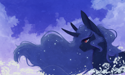 Size: 1000x600 | Tagged: safe, artist:riressa, imported from derpibooru, princess luna, alicorn, pony, cloud, female, flower, mare, sky, solo