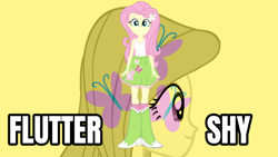 Size: 2560x1440 | Tagged: safe, artist:qbert2kcat, imported from derpibooru, fluttershy, human, equestria girls, boots, clothes, female, high heel boots, shirt, shoes, simple background, skirt, socks, solo, wallpaper, yellow background