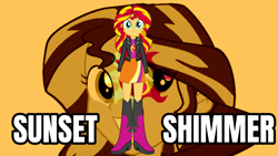 Size: 2560x1440 | Tagged: safe, artist:qbert2kcat, imported from derpibooru, sunset shimmer, human, equestria girls, boots, clothes, female, high heel boots, jacket, orange background, shirt, shoes, simple background, skirt, solo, wallpaper