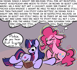 Size: 1649x1488 | Tagged: safe, artist:captainzigo, imported from derpibooru, pinkie pie, twilight sparkle, earth pony, pony, unicorn, book, dialogue, duo, duo female, eye clipping through hair, female, horn, lesbian, mare, reading, shipping, speech bubble, thought bubble, twinkie, unicorn twilight