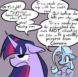 Size: 1380x1368 | Tagged: safe, artist:captainzigo, imported from derpibooru, trixie, twilight sparkle, pony, unicorn, comic, dialogue, female, floppy ears, frown, horn, lesbian, shipping, twixie, unamused, unicorn twilight, wavy mouth