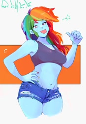 Size: 1400x2000 | Tagged: safe, artist:sozglitch, imported from derpibooru, rainbow dash, human, equestria girls, belly button, breasts, busty rainbow dash, clothes, daisy dukes, female, hand on hip, jeans, looking at you, midriff, pants, passepartout, ripped jeans, ripped pants, shorts, signature, simple background, smiling, smiling at you, solo, thumbs up, tongue out, torn clothes, white background