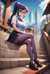 Size: 832x1216 | Tagged: safe, imported from derpibooru, part of a set, sci-twi, twilight sparkle, human, ai content, ai generated, clothes, glasses, pantyhose, prompter:thewhitecrow69