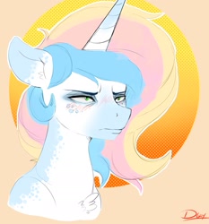 Size: 2053x2200 | Tagged: safe, artist:thelunarmoon, imported from derpibooru, oc, oc only, oc:lunar moon, pony, unicorn, bags under eyes, blush lines, blushing, bust, chest fluff, frown, halftone effect, high res, horn, male, missing accessory, no glasses, orange background, signature, simple background, solo, stallion