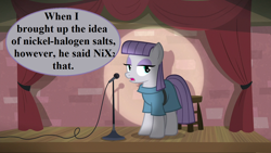 Size: 1280x720 | Tagged: safe, edit, edited screencap, editor:korora, imported from derpibooru, screencap, maud pie, the maud couple, chemistry joke, maud the comedian, microphone, pun, speech bubble