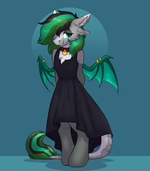 Size: 3500x4000 | Tagged: safe, alternate version, artist:spoopygander, imported from derpibooru, oc, oc:geoplix, draconequus, clothes, collar, dress, piercing, socks, solo