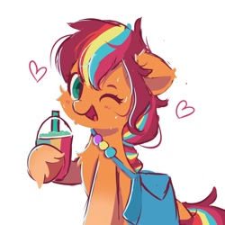 Size: 1000x1000 | Tagged: safe, artist:skylinepony_, imported from derpibooru, sunny starscout, earth pony, pony, bag, chest fluff, cute, drink, female, fluffy, g5, heart, looking at you, one eye closed, open mouth, simple background, smiling, smiling at you, smoothie, solo, sunny's bag, sunnybetes, white background