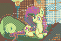 Size: 1920x1280 | Tagged: safe, artist:boxwari, imported from derpibooru, fluttershy, pegasus, pony, couch, crepuscular rays, digital art, female, fluttershy's cottage, fluttershy's cottage (interior), looking at you, lying down, mare, pixel art, prone, signature, smiling, smiling at you, solo, window