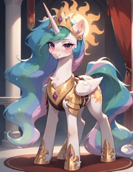 Size: 987x1280 | Tagged: safe, imported from twibooru, princess celestia, alicorn, pony, ai content, ai generated, armor, blushing, female, horn, image, looking at you, needs more jpeg, prompter:midnightdashie, solo, solo female, wings