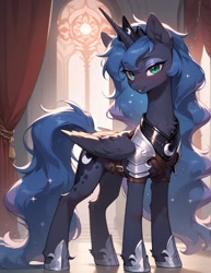 Size: 987x1280 | Tagged: safe, imported from twibooru, princess luna, alicorn, pony, ai content, ai generated, armor, blushing, female, horn, image, looking at you, needs more jpeg, prompter:midnightdashie, solo, solo female, wings