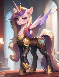 Size: 987x1280 | Tagged: safe, imported from twibooru, princess cadance, alicorn, pony, ai content, ai generated, armor, blushing, female, horn, image, looking at you, needs more jpeg, prompter:midnightdashie, solo, solo female, wings