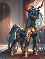 Size: 987x1280 | Tagged: safe, imported from twibooru, queen chrysalis, changeling, changeling queen, ai content, ai generated, armor, blushing, female, horn, image, looking at you, needs more jpeg, prompter:midnightdashie, solo, solo female