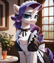 Size: 1097x1280 | Tagged: safe, imported from twibooru, rarity, pony, unicorn, ai content, ai generated, clothes, dress, female, horn, image, looking at you, maid, makeup, needs more jpeg, prompter:midnightdashie, smiling at you, solo, solo female