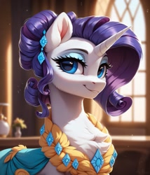 Size: 1097x1280 | Tagged: safe, imported from twibooru, rarity, pony, unicorn, ai content, ai generated, clothes, dress, female, horn, image, jewelry, looking at you, makeup, necklace, needs more jpeg, prompter:midnightdashie, smiling at you, solo, solo female