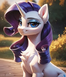 Size: 1097x1280 | Tagged: safe, imported from twibooru, rarity, pony, unicorn, ai content, ai generated, female, horn, image, looking at you, makeup, needs more jpeg, prompter:midnightdashie, smiling at you, solo, solo female