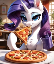 Size: 1097x1280 | Tagged: safe, imported from twibooru, rarity, pony, unicorn, ai content, ai generated, eating, female, food, horn, image, looking at you, makeup, needs more jpeg, pizza, prompter:midnightdashie, solo, solo female