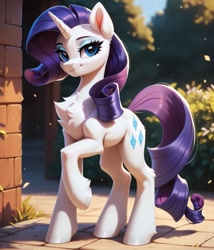 Size: 1097x1280 | Tagged: safe, imported from twibooru, rarity, pony, unicorn, ai content, ai generated, female, horn, image, looking at you, makeup, needs more jpeg, prompter:midnightdashie, smiling at you, solo, solo female