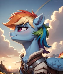 Size: 1097x1280 | Tagged: safe, imported from twibooru, rainbow dash, pegasus, pony, ai content, ai generated, armor, female, image, needs more jpeg, prompter:midnightdashie, smiling, solo, solo female, wings