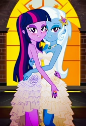 Size: 832x1216 | Tagged: safe, imported from twibooru, trixie, twilight sparkle, human, equestria girls, ai content, ai generated, church, clothes, dress, female, humanized, image, jewelry, lesbian, needs more jpeg, prompter:tiamatnightmare, ring, shipping, twixie, wedding dress, wedding ring