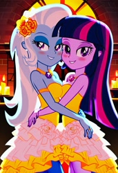 Size: 832x1216 | Tagged: safe, imported from twibooru, trixie, twilight sparkle, human, equestria girls, ai content, ai generated, church, clothes, dress, female, humanized, image, jewelry, lesbian, needs more jpeg, prompter:tiamatnightmare, ring, shipping, twixie, wedding dress, wedding ring
