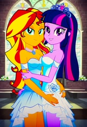 Size: 832x1216 | Tagged: safe, imported from twibooru, sunset shimmer, twilight sparkle, human, equestria girls, ai content, ai generated, church, clothes, dress, female, humanized, image, jewelry, lesbian, needs more jpeg, prompter:tiamatnightmare, ring, shipping, sunsetsparkle, wedding dress, wedding ring