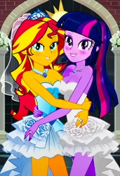 Size: 832x1216 | Tagged: safe, imported from twibooru, sunset shimmer, twilight sparkle, human, equestria girls, ai content, ai generated, church, clothes, dress, female, humanized, image, jewelry, lesbian, needs more jpeg, prompter:tiamatnightmare, ring, shipping, sunsetsparkle, wedding dress, wedding ring