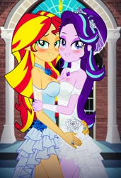 Size: 832x1216 | Tagged: safe, imported from twibooru, starlight glimmer, sunset shimmer, human, equestria girls, ai content, ai generated, church, clothes, dress, female, humanized, image, jewelry, lesbian, needs more jpeg, prompter:tiamatnightmare, ring, shimmerglimmer, shipping, wedding dress, wedding ring