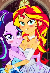 Size: 832x1216 | Tagged: safe, imported from twibooru, starlight glimmer, sunset shimmer, human, equestria girls, ai content, ai generated, church, clothes, dress, female, humanized, image, jewelry, lesbian, needs more jpeg, prompter:tiamatnightmare, ring, shimmerglimmer, shipping, wedding dress, wedding ring