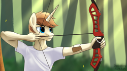 Size: 3000x1688 | Tagged: safe, artist:dash wang, imported from derpibooru, oc, oc:cream brun, anthro, unicorn, anthro oc, archery, arrow, bow, clothes, forest, hand, horn, male, nature, tree