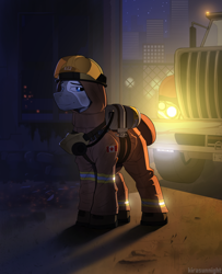 Size: 1920x2370 | Tagged: safe, artist:kirasunnight, imported from derpibooru, oc, oc only, earth pony, pony, commission, firefighter, headlights, high res, looking at you, male, signature, smiling, smiling at you, solo, stallion, truck