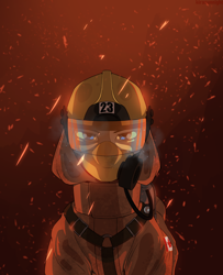 Size: 1920x2370 | Tagged: safe, artist:kirasunnight, imported from derpibooru, oc, oc only, earth pony, pony, bust, canadian flag, commission, embers, face mask, fire, firefighter, gas mask, helmet, high res, looking at you, male, mask, solo, stallion