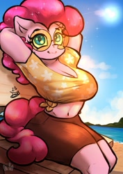 Size: 992x1403 | Tagged: safe, alternate version, artist:doodlebun, artist:mrdoodlebun, imported from derpibooru, pinkie pie, anthro, arm behind head, beach, breasts, busty pinkie pie, cleavage, clothes, female, front knot midriff, glasses, midriff, outdoors, round glasses, shirt, sitting, skirt, smiling, sunglasses