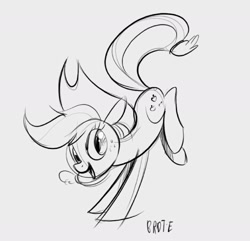 Size: 2000x1928 | Tagged: safe, artist:brdte, imported from derpibooru, applejack, earth pony, pony, female, grayscale, handstand, looking back, mare, monochrome, open mouth, open smile, signature, sketch, smiling, solo, upside down