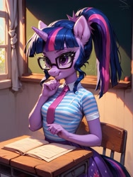 Size: 1600x2133 | Tagged: safe, imported from derpibooru, sci-twi, twilight sparkle, anthro, ai content, ai generated, breasts, busty twilight sparkle, clothes, generator:pony diffusion v6 xl, generator:stable diffusion, glasses, prompt in source, prompter:wolferin, school uniform, solo