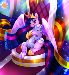 Size: 1738x1883 | Tagged: safe, artist:darksly, imported from derpibooru, twilight sparkle, oc, oc:velvet hope, alicorn, pony, the last problem, alicorn oc, crying, duo, duo female, female, horn, hug, mare, older, older twilight, older twilight sparkle (alicorn), princess twilight 2.0, twilight sparkle (alicorn), wings