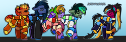 Size: 6000x2000 | Tagged: safe, artist:sexygoatgod, imported from derpibooru, oc, oc only, oc:comet striker, oc:lunar drop, oc:princess razz, oc:prism flare, oc:razzmatazz gleam, oc:toxic spark, bat pony, hybrid, pegasus, pony, female, latex, latex suit, male, pegabat, ponytail, starfall kingdom, tail, tail bun