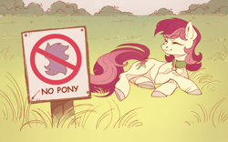 Size: 1808x1131 | Tagged: safe, artist:miss_glowwormis, imported from derpibooru, roseluck, earth pony, pony, behaving like a cat, collar, commission, commissioner:doom9454, cute, eyes closed, fuck the police, grass, lying down, meme, pet tag, ponified animal photo, pony pet, rosepet, sign