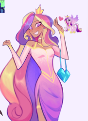 Size: 584x808 | Tagged: safe, artist:mulemount, imported from derpibooru, princess cadance, alicorn, human, pony, breasts, cleavage, clothes, female, heart, humanized, mare, moderate dark skin, purse, reference, side slit, solo