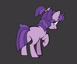 Size: 1971x1650 | Tagged: safe, artist:partyponypower, imported from derpibooru, starlight glimmer, pony, unicorn, alternate mane color, alternate tail color, alternate universe, blood, colored, eyelashes, female, filly, filly starlight glimmer, flat colors, foal, gray background, horn, implied violence, looking at you, looking back, looking back at you, lyrics in the description, mare, no catchlights, no mouth, pigtails, pink coat, purple mane, purple tail, raised hoof, rear view, simple background, solo, standing, tail, tied mane, unicorn horn, younger