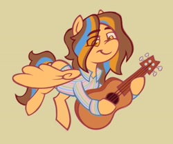 Size: 1971x1650 | Tagged: safe, artist:partyponypower, imported from derpibooru, oc, oc only, unnamed oc, pegasus, pony, acoustic guitar, ambiguous gender, button-up shirt, clothes, colored, dress shirt, eye clipping through hair, eyebrows, eyebrows visible through hair, flat colors, flying, guitar, hoof hold, long mane, long tail, looking down, multicolored mane, multicolored tail, musical instrument, nose wrinkle, partially open wings, pegasus oc, requested art, shirt, smiling, solo, striped shirt, tail, wings, yellow coat, yellow eyes