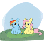 Size: 560x560 | Tagged: safe, artist:erein, imported from derpibooru, fluttershy, rainbow dash, pegasus, pony, animated, big ears, big eyes, chibi, cloud, colored, cute, dashabetes, duo, ears up, female, flat colors, flying, frame by frame, gif, grass, looking at you, multicolored hair, multicolored tail, rainbow, shyabetes, sketch, sky, smiling, smiling at you, spread wings, squigglevision, tail, wings
