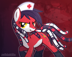 Size: 1200x950 | Tagged: safe, artist:zeffdakilla, imported from derpibooru, oc, oc only, oc:renard queenston, earth pony, pony, dreadlocks, hat, looking sideways, nurse, nurse hat, ponified, raised hoof, raised leg, red background, simple background, smiling, solo