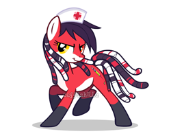 Size: 1200x950 | Tagged: safe, artist:zeffdakilla, imported from derpibooru, oc, oc only, oc:renard queenston, earth pony, pony, dreadlocks, hat, looking sideways, nurse, nurse hat, ponified, raised hoof, raised leg, simple background, smiling, solo, white background