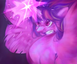 Size: 1800x1500 | Tagged: safe, artist:sarpiza_, imported from derpibooru, twilight sparkle, alicorn, pony, angry, bust, female, glowing, glowing horn, grin, horn, mare, smiling, solo, spread wings, twilight sparkle (alicorn), wings