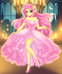 Size: 3360x4000 | Tagged: safe, artist:xjenn9, imported from derpibooru, fluttershy, anthro, plantigrade anthro, beautiful, blushing, clothes, cute, dress, female, high heels, looking at you, mare, pink dress, pink skirt, shoes, shyabetes, smiling, smiling at you, sparkles